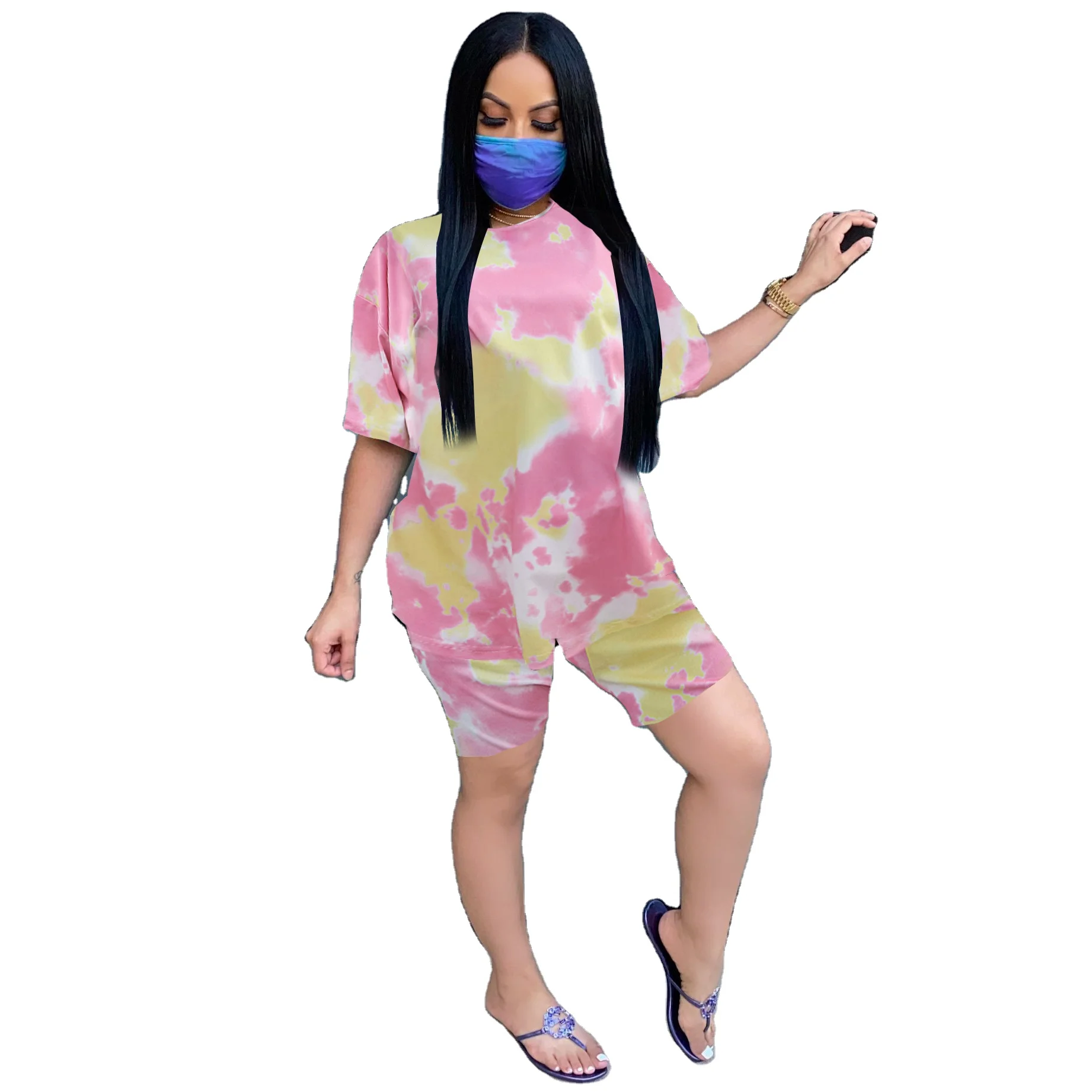 

Summer fashion women's sports and fitness wear printed tie-dyed two-piece set