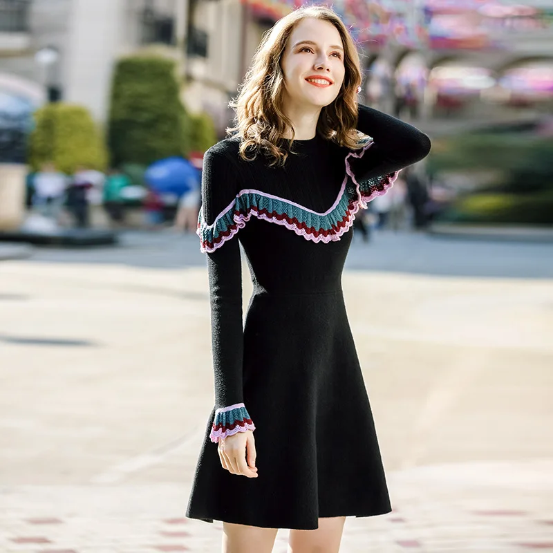

New Autumn Casual Round Neck Long Flare Sleeved Warm Soft Color Blocking Flounces Pullover Knitted Women's Sweater Dress, Customized color