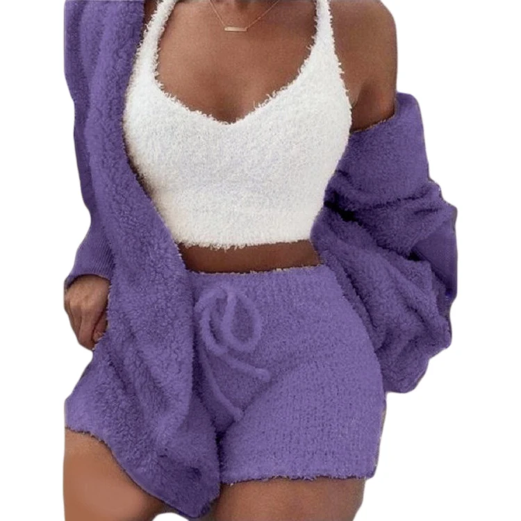 

Women 3-Piece Pajamas Long Sleeve Cardigan Vest Shorts Set Ladies Home Lounge Wear, Picture color