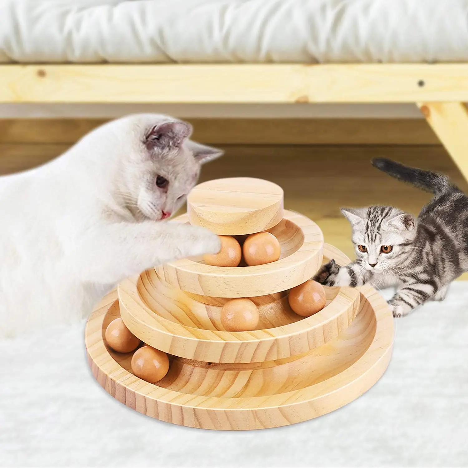 

Interactive Wooden Cat Toys Ball Track Cat Tower Roller Double Layers Kitten Toys Funny Swing Turntable Gifts for Indoor Cats