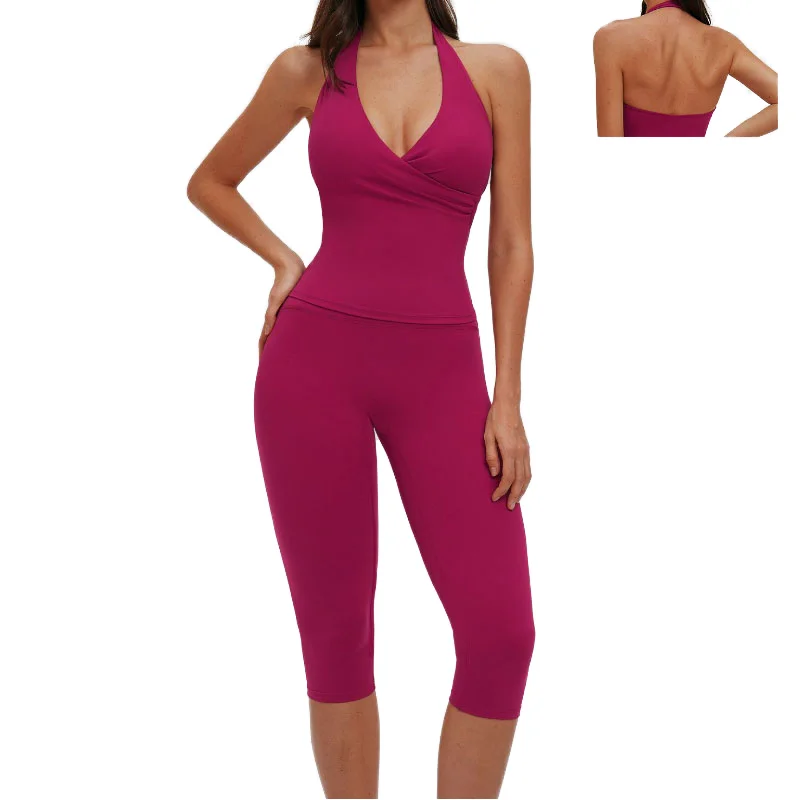 挂脖式High-Waisted Seven分裤Spandex Nylon Blend Athletic连体服