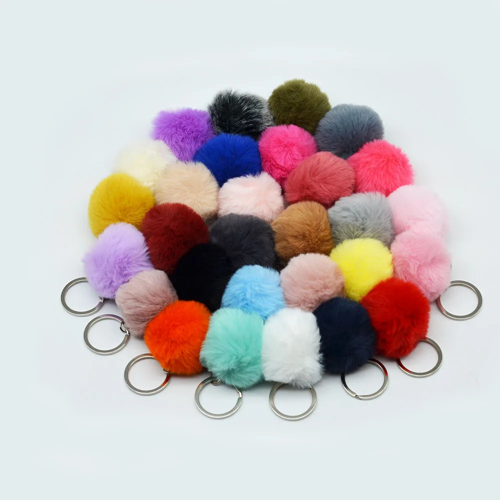 New Arrival DIY 5cm\1.9inch Silver Cute Puffy Plush Fluffy Fur Balls Customizable Round Pom Pom Keychain for Christmas Gift