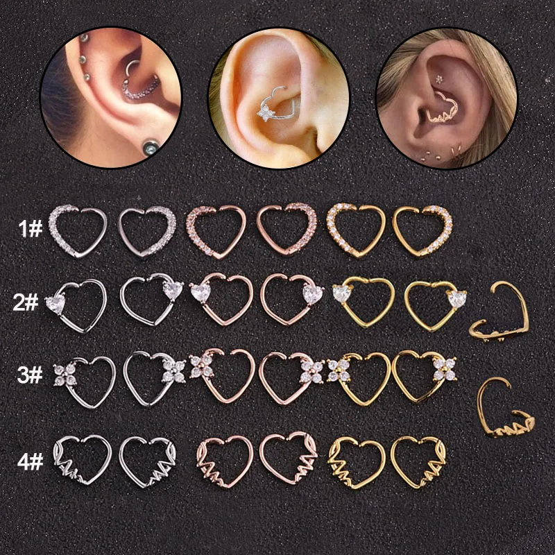 

Vary Open Heart Crystal Septum CZ Nose Lined Heart Shaped Daith Helix Rook Piercing Ring