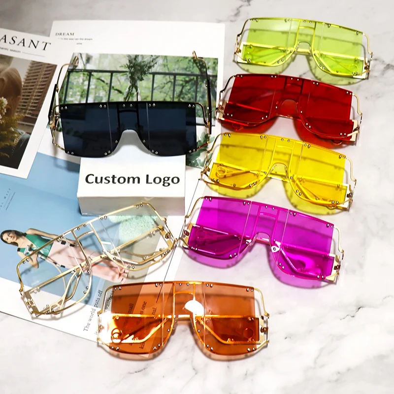 

New Luxury Oversized Sunglasses for Women Vintage Square Rivet Hollow Out Sun Glasses One Piece Punk Shades Ladies Eyewear, 14 colors