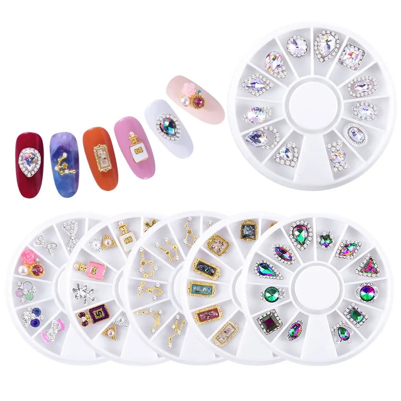 

1 Wheel 3D Charm Alloy Nail Rhinestones Perfume Bottle Bow Flowers Triangle DIY Nail Art Decorations, Clear ab,gold,silver,colorful
