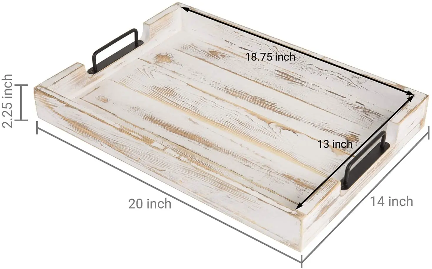 White 20-inch Shabby Chic Whitewashed Solid Wood Serving Tray With
