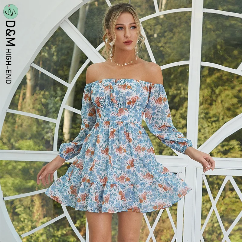 

D&M Hot Sales Dress Summer Chiffon Off Shoulder Sexy Mature Ladies Dress Ruffles Floral Print Casual Dresses for Women, Shown,or customized color,provide color swatches