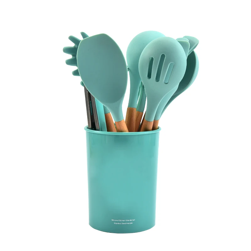 

amazon hot sale 12 Pieces In 1 Set Silicone cooking utensils non-stick silicone kitchen With wood handle