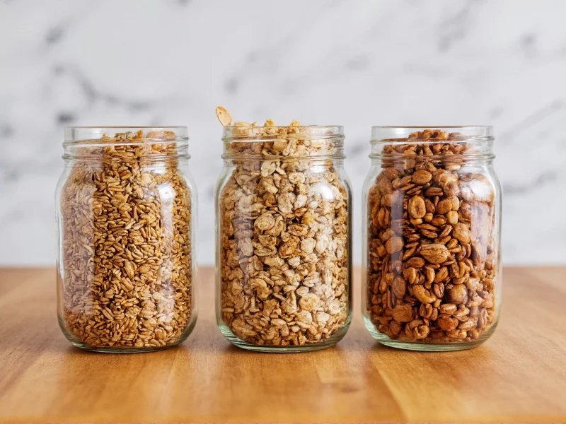 Three glass jars filled with different granola variations on wooden table
