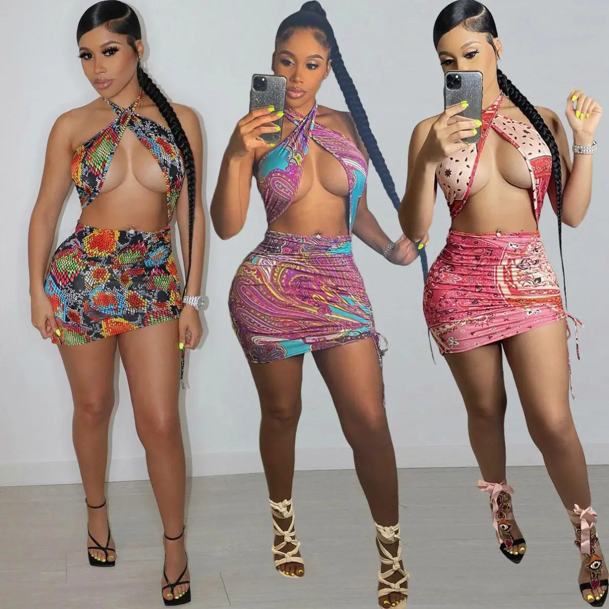 

X02667C Sexy Tie Dye Bodycon Mini Dress Sleeveless Halter Dresses for Women Summer Outfits Club Wear Beach Swimsuit Ladies Dress, Black