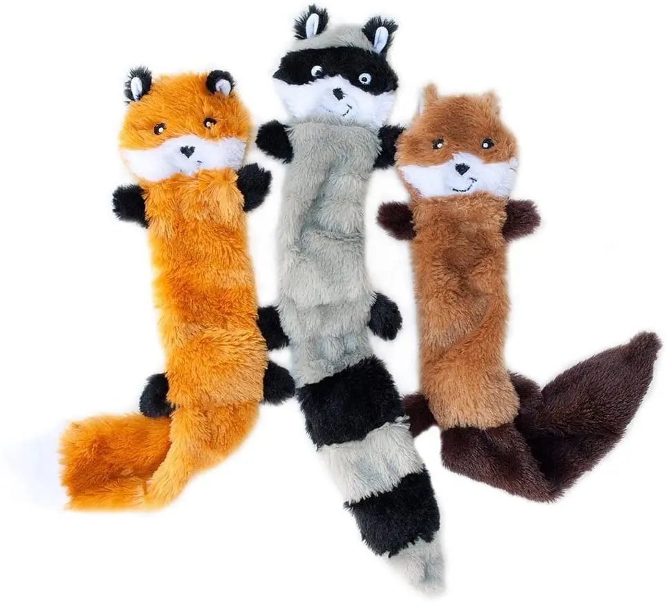 

No Stuffing Squeaky Plush Dog Toy, Fox, Raccoon, and Squirrel Pet Toys, Black/orange/chocolate