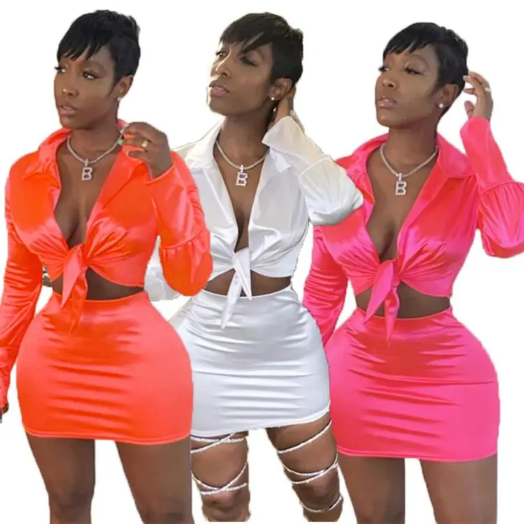 

2020 newest turn-down collar long sleeve tying deep v neck skirt set dress two piece outfit sets women matching clothing, As photo