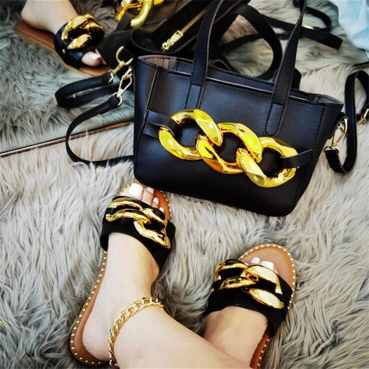 

2021 Fashion Match Purse And Sandals Set Crossbody Handbags Metal Chain Slippers Summer Women Hand Bags With Matching Shoes, As pictures or customized colors