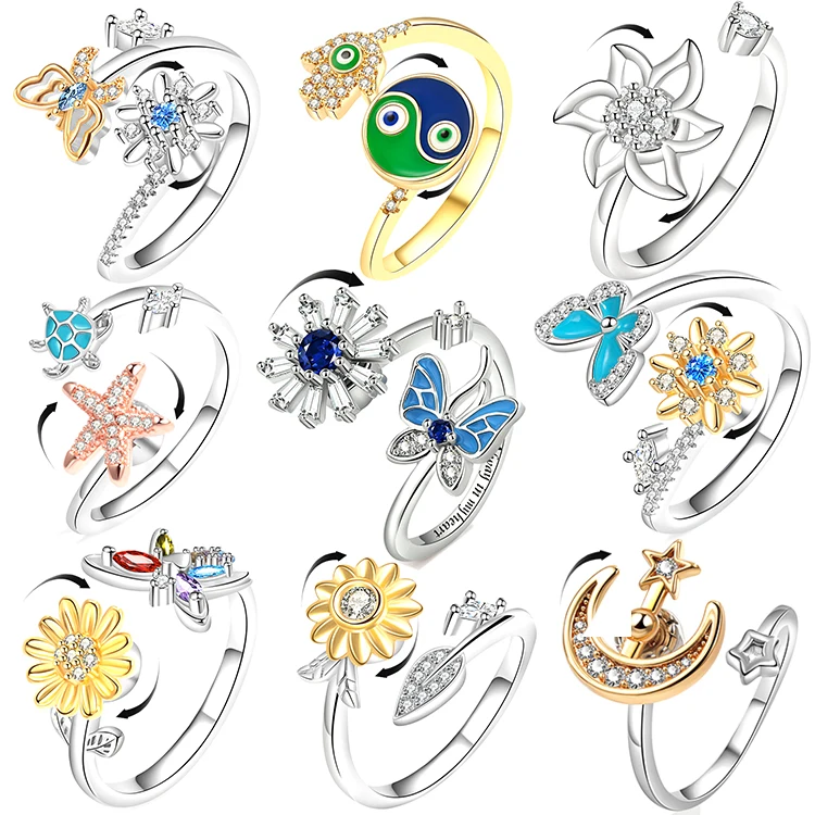 

G633 Wholesale anillos giratorios Rotating Flower Butterfly Fashion Jewelry Rings For Women Anti Anxiety Fidget Spinning Ring