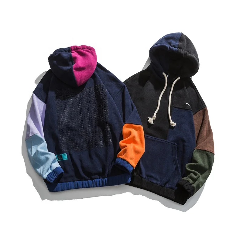 

Patchwork Letter Print Unisex Mens Designer Polar Fleece Colorblock Hoodie, 2 colors