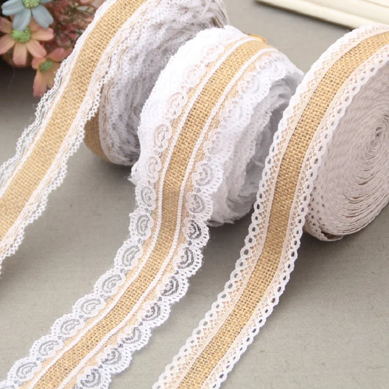 

2Meter/Lot 25mm Natural Jute Burlap Hessian Ribbon with White Lace Trim Edge Rustic Vintage Wedding Centerpieces Decor