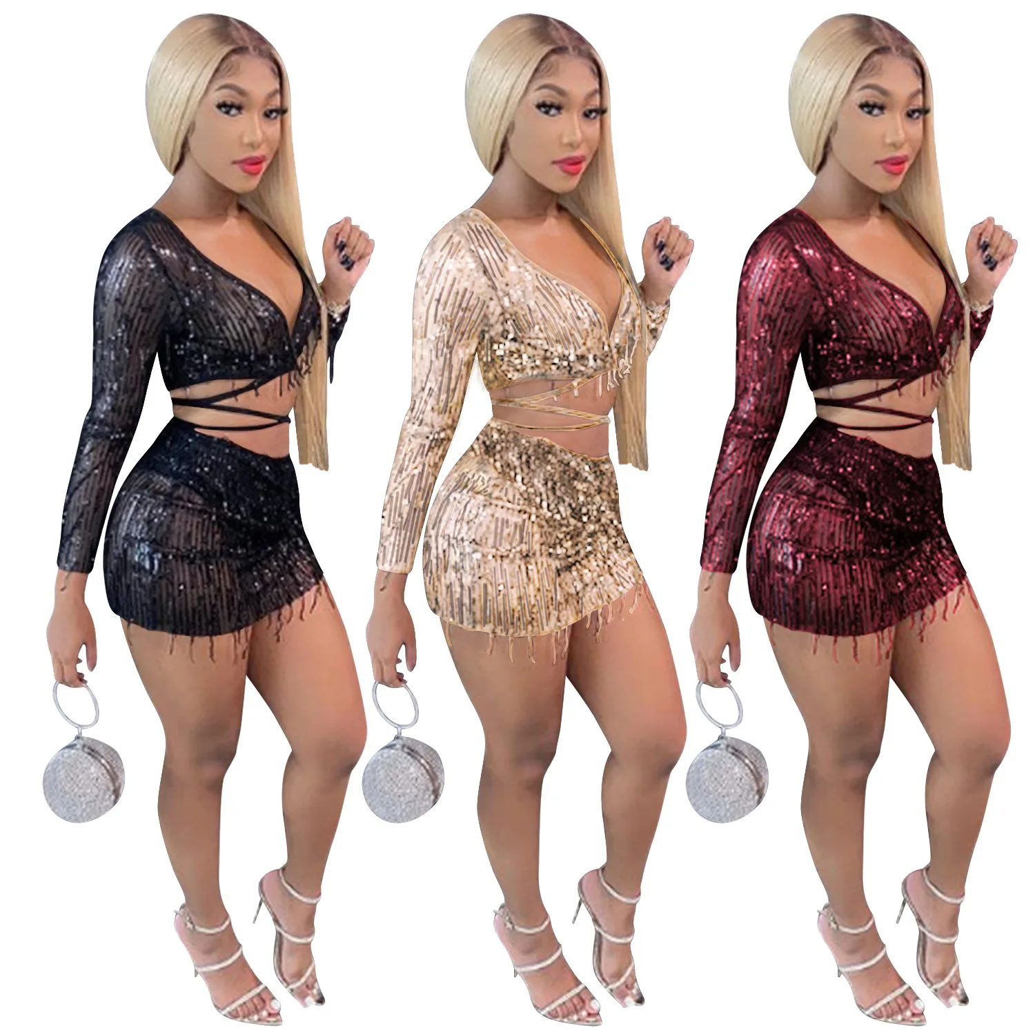 

HOT Sexy Perspective Beaded Crop Top Bandage Shorts Set Women Two Piece Set For Club Party