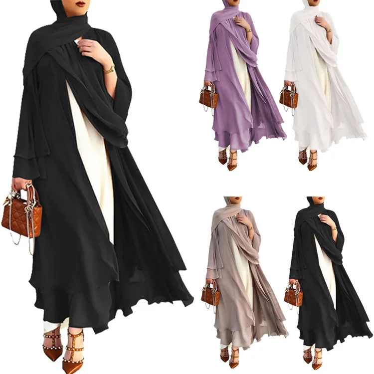 

2021 new design Turkey solid color dress arabic layered long cardigan dress muslim dubai women front open abaya, 4 colors in stock also accept customers' requirements