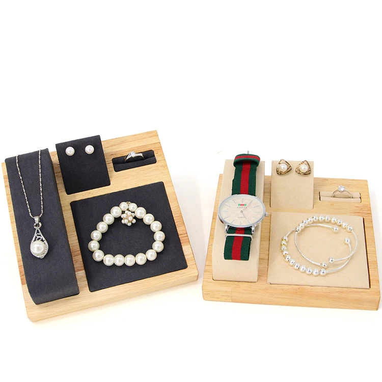 

Luxury Combination Counter Suede Wood Watches Earings Jewelry Display Tray Gray Velvet Jewelry, Gray beige colors (customized)