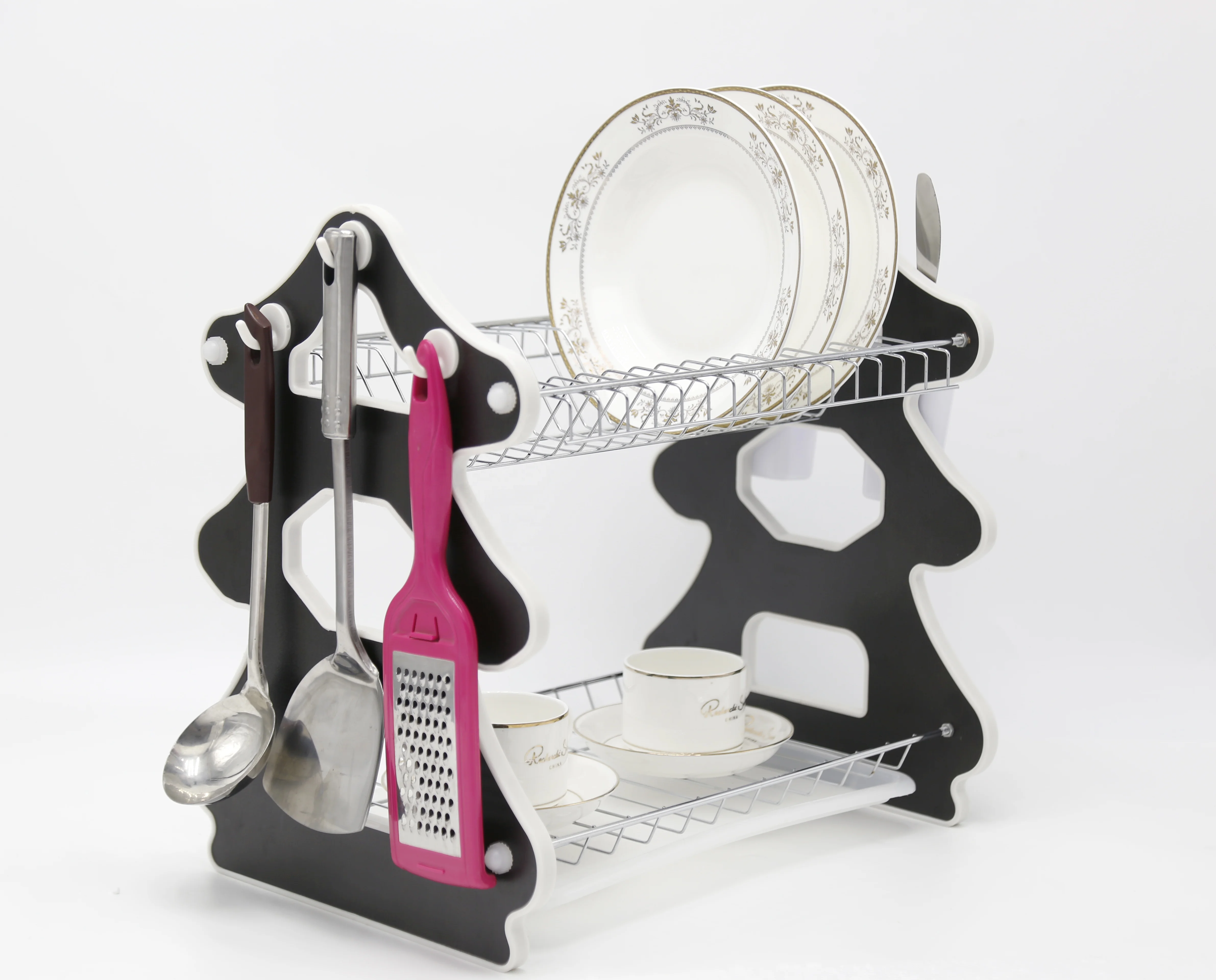 

Wholesale Professional wooden panel 2 tier dish drying rack wih draining tray, Multi-color