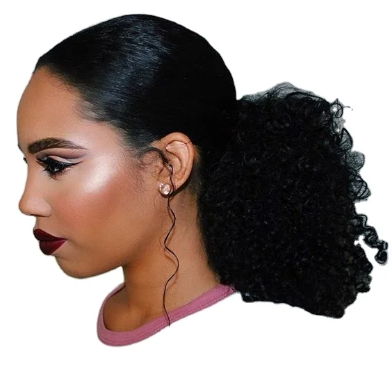 

Black drawstring human wraps afro kinky curly indian hair extension ponytail