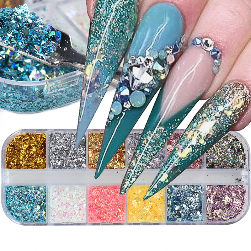 

12 Grids Irregular Mermaid Colorful Laser Flakes 3D Glitter Manicure DIY Decor Nail art Sequins Colorful Star Face