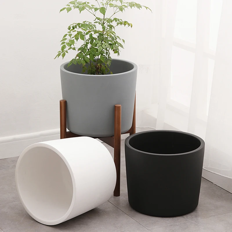 

Nordic Ceramic Succulent Flower Pot with Wood Stand Living Room Green Plants Container decoration, As picture
