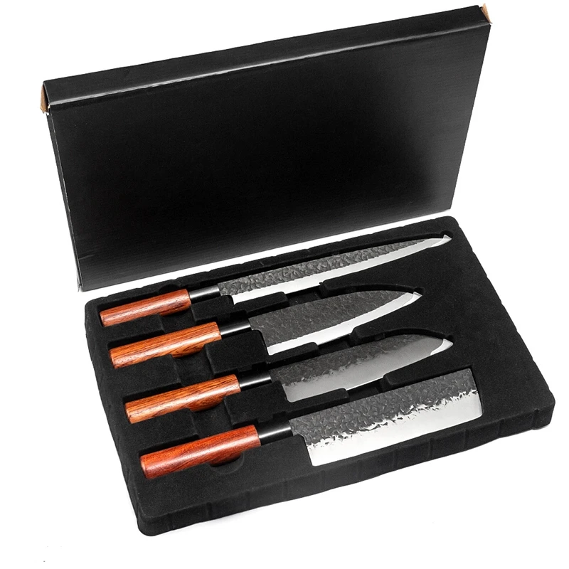 

New arrival hot selling dropshipping 0 MOQ 4 pcs handmade high carbon steel wood handle kitchen Japanese knife set with gift box