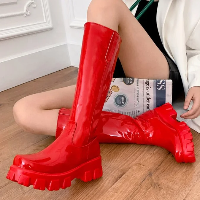 

Big Size 43 Mirror Upper Women Thick Sole Knee High Boots Concise Slip-on Boots Chunky Heel Comfortable Knee High Booties Shoes, Black,white,red