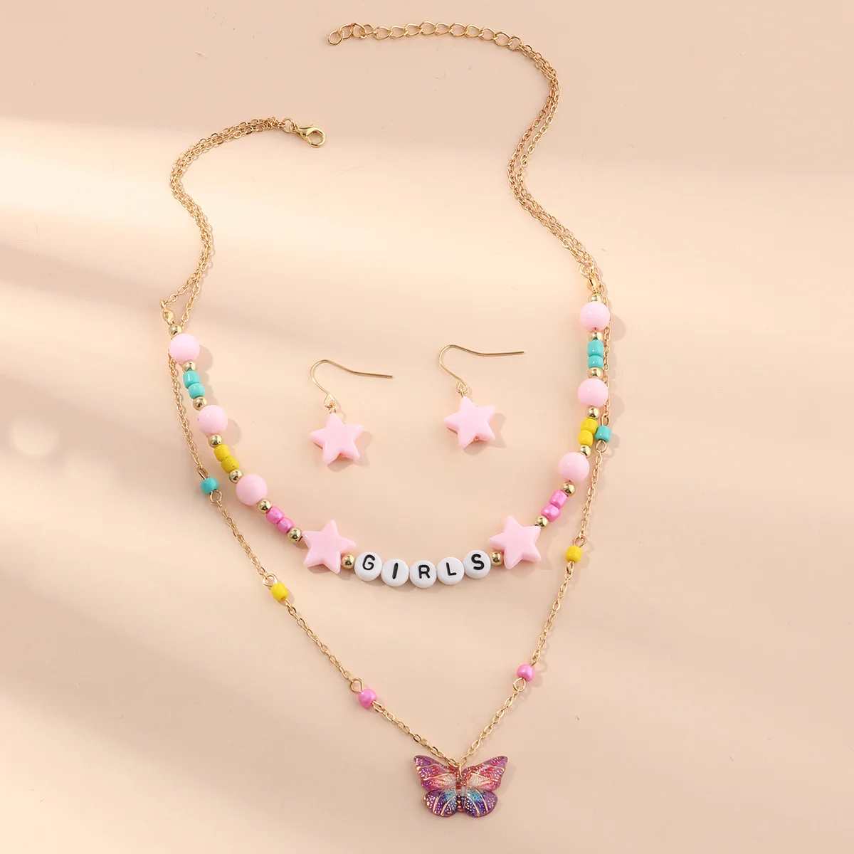 

Children Necklace Star Alphabet Bead Charms Acrylic Butterfly Pendant Necklace Earrings Set Gold Necklace Clavicle Chain Jewelry