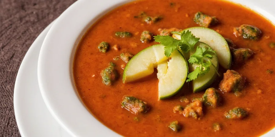 Steaming bowl of Moroccan soup garnished with herbs