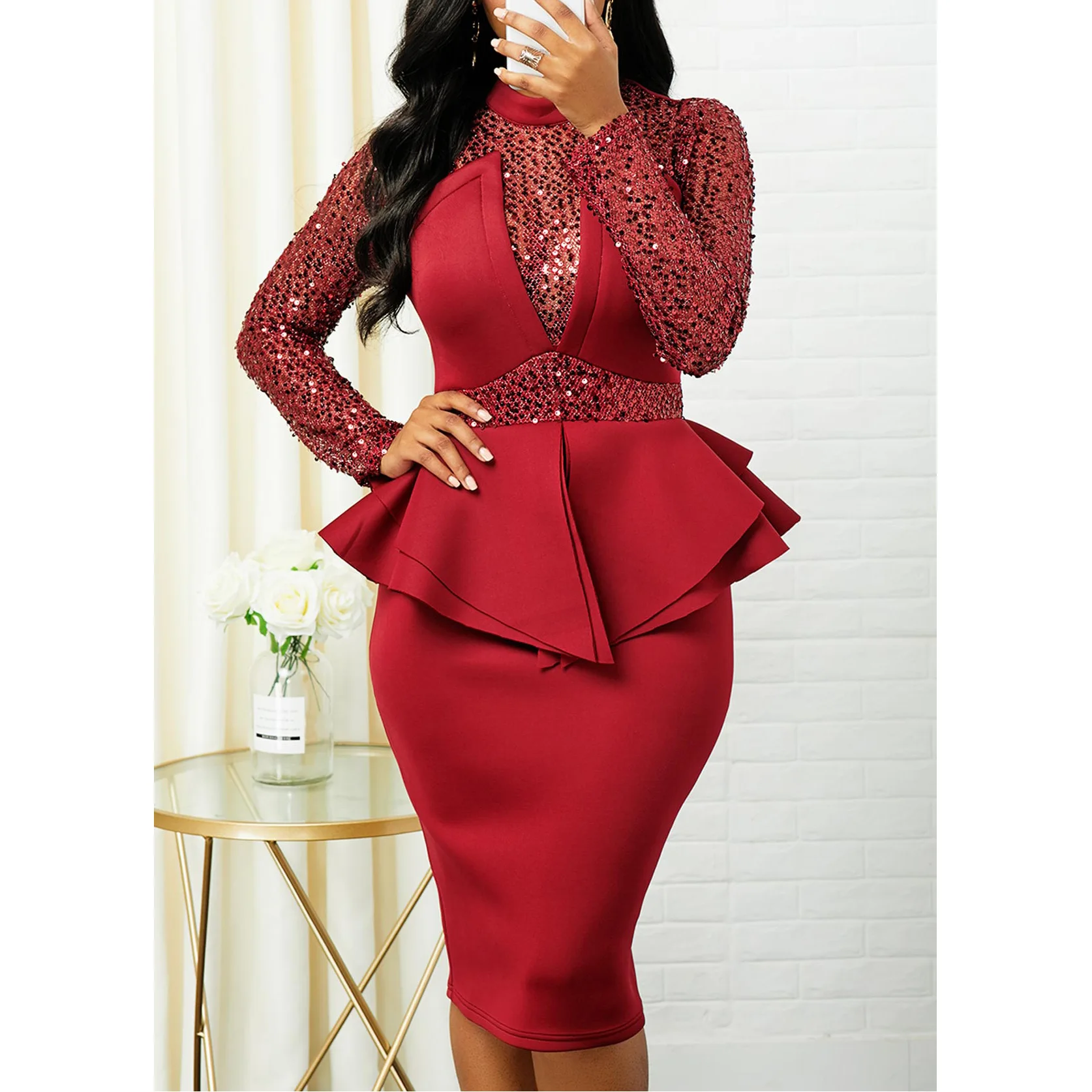 

Special design african american plus night evening party High waist Sequins big size sexy woman dress with hot red color