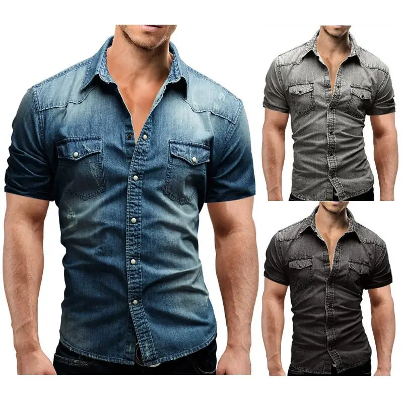 

2021 New Men Fashion Summer Casual Half Shirt For Men High Quality Slim Fit Cotton Denim Shirt