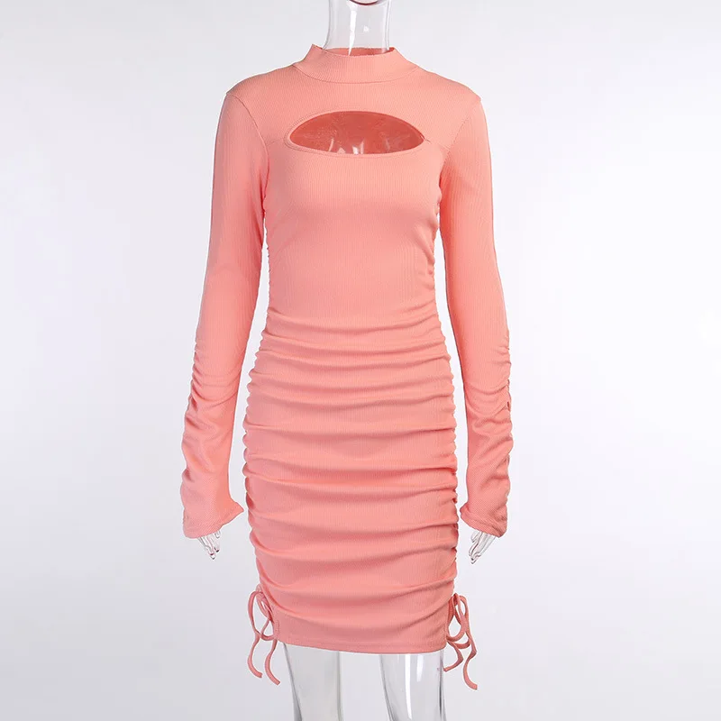 

New Arrival Long Sleeve Turtleneck Elegant Slim Sexy Drawstring Party Dress, 3 options