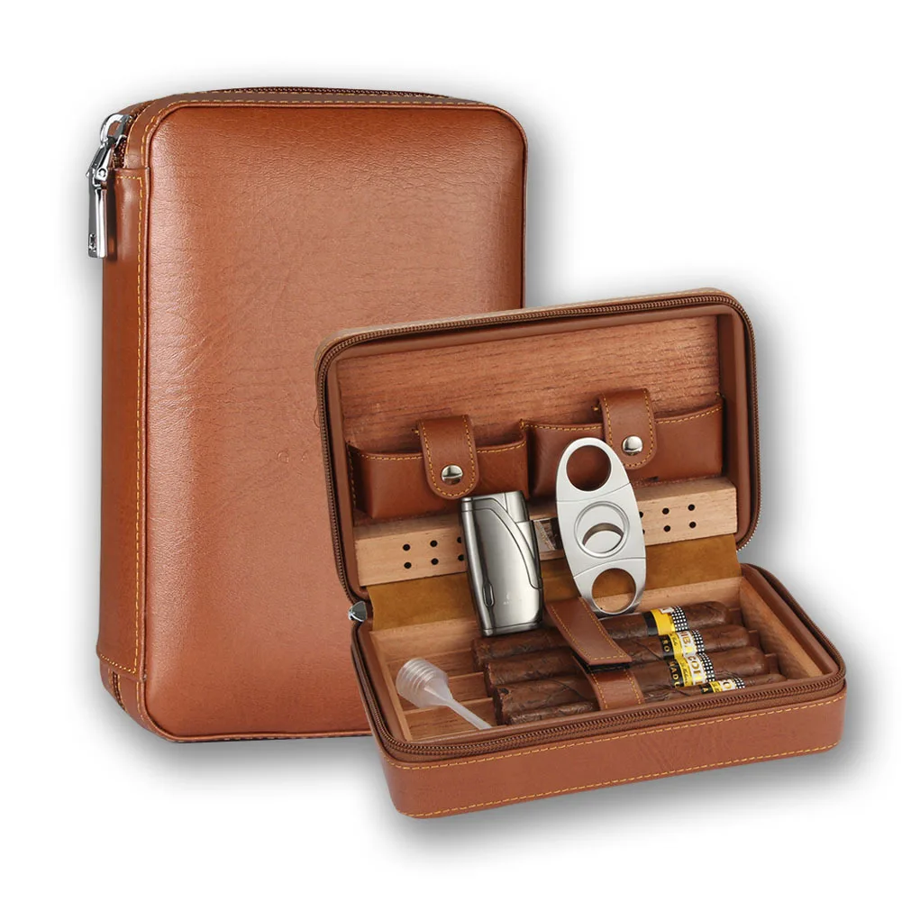 

Cigar Case Leather Box Travel Portable Wooden Cigar Tool Set