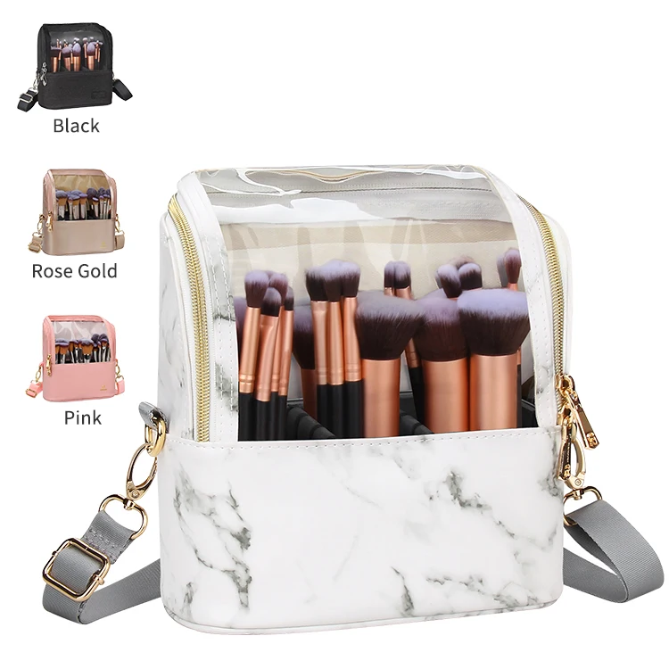 

Relavel Fashion Marble White Small Detachable Shoulder Strap Travel Stand Up Makeup Brush Holder Cup Organizer Bag