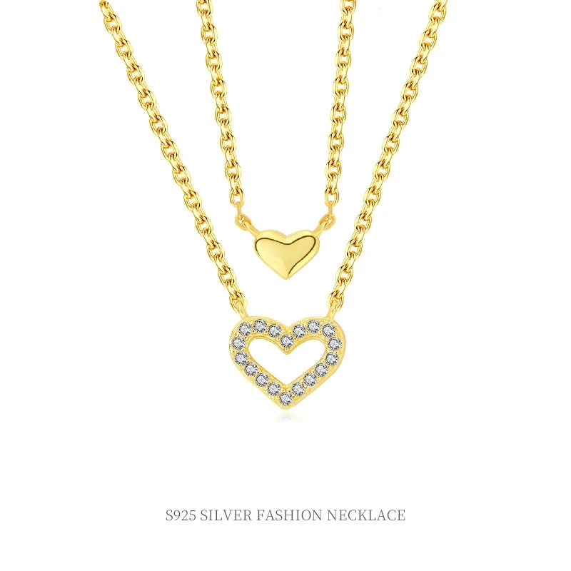 wholesale 925 silver necklace jewelry 925 sterling silver heart pendant two layer chain necklace gold plated necklaces women