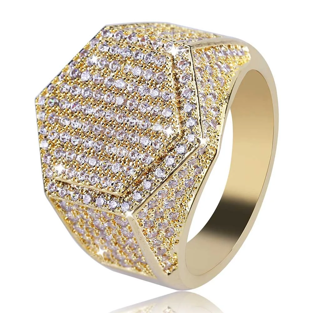 Diamond Hip Hop Gold Diamond Ring for Men Fashion Hexagon Ring GoldColor Plated Iced Out Micro Pave Cubic Zircon Charm Ring