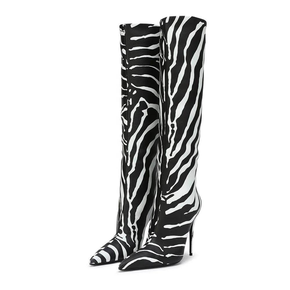 

Plus Size Zebra Stiletto Heel Pointed Toe Fashion Ladies High Heels Shoes Winter Girls Knee High Leather Long Women Boots Latest