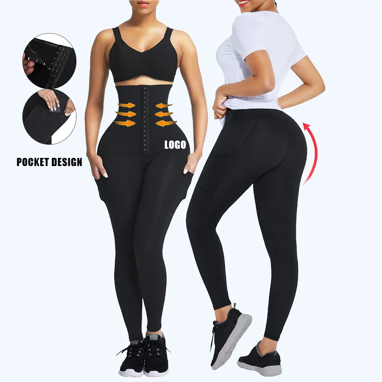 

WAISTDEAR New Fashion Womens Leggings Push Up Hooks High Compression Leggings With Pockets Waist Trainer Compression Leggings