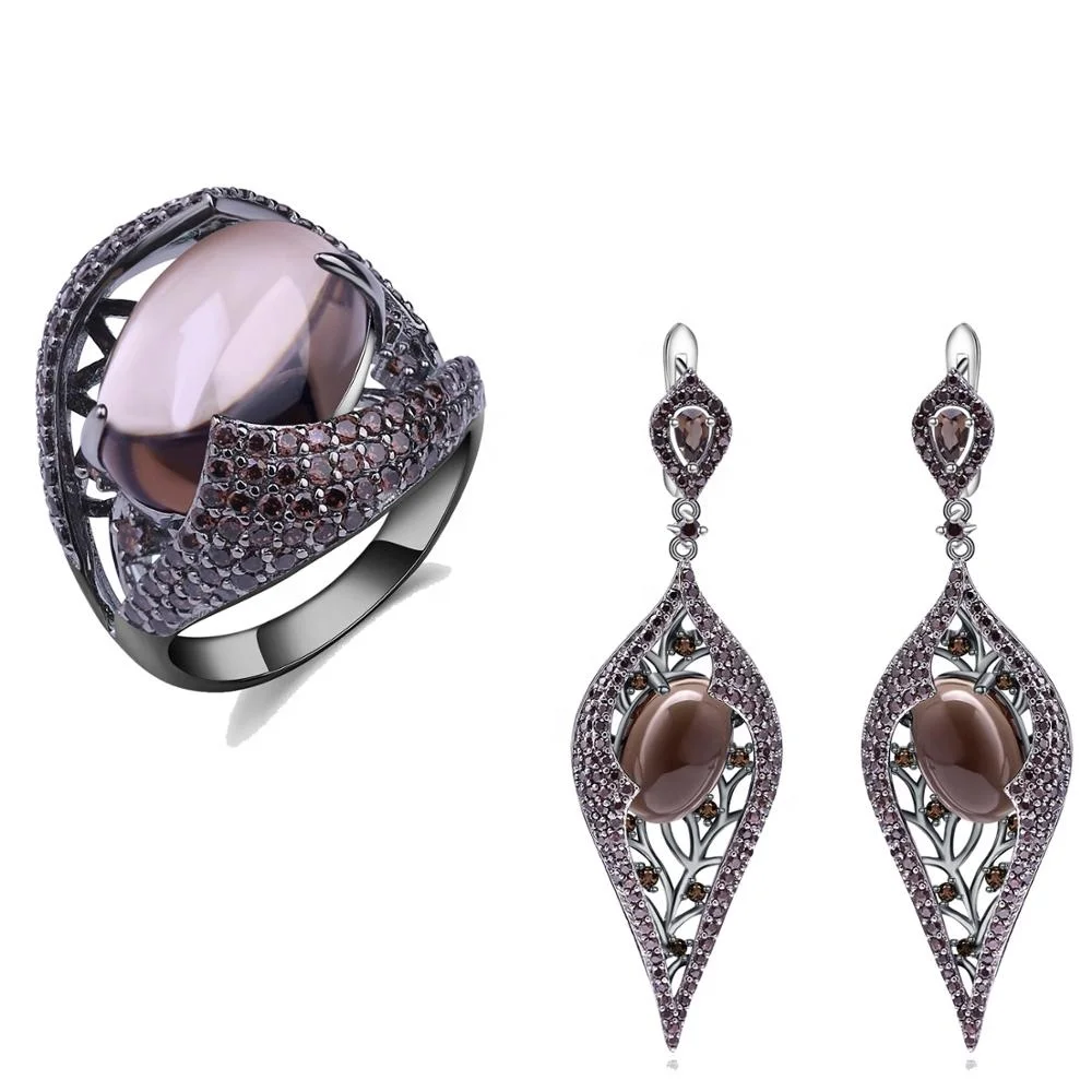 

Abiding natural gemstone smoky quartz 925 sterling silver earrings ring set women wholesale jewelry sets