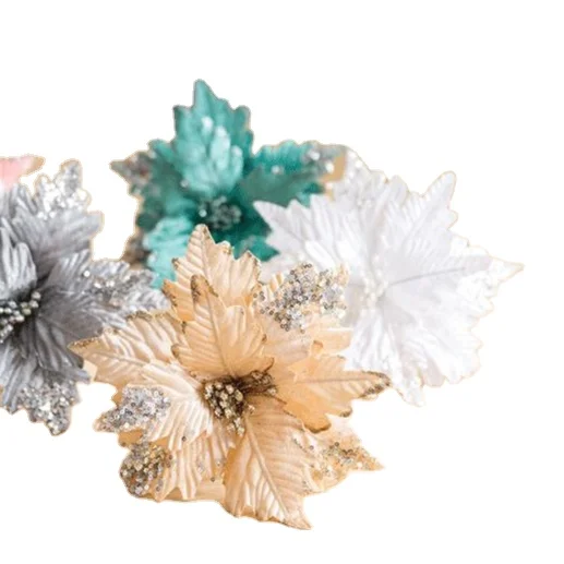 
Artificial flowers decoration velvet poinsettia flower stem with glitter Christmas floral decoration 
