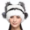 Rex Rabbit Vertical Stripe Knitted Cap With Silver Fox Fur Ball Rabbit Fur With Cat Ear Cap on Both Sides