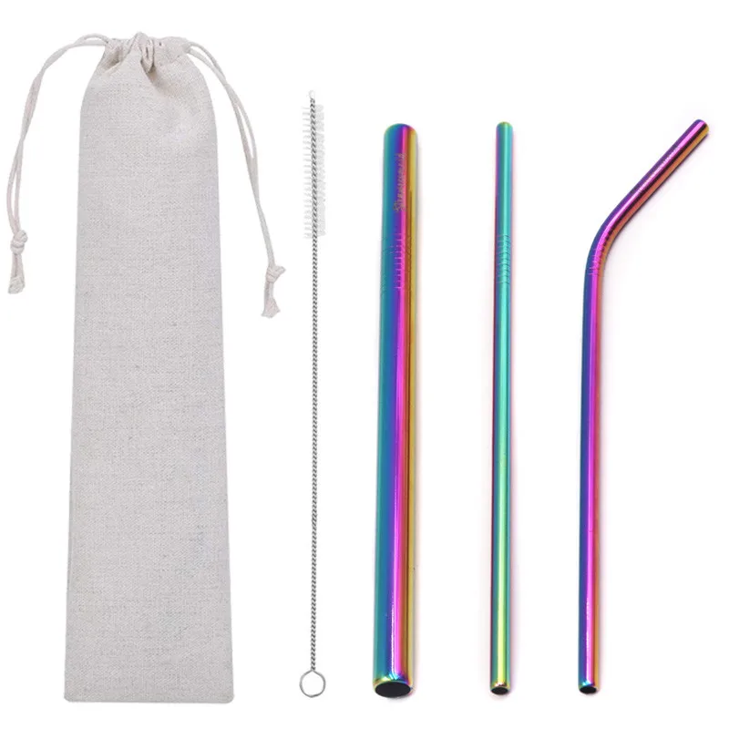 

Reusable Metal Straws Set ECO Friendly Fruit Juice Beverages Boba Bubble Tea Stainless Steel Drinking Straw With Bag and Brush