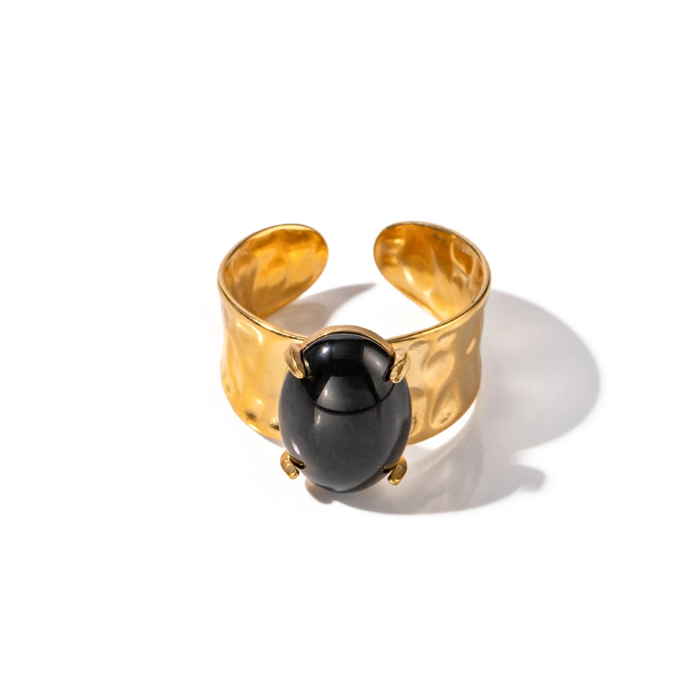 

New Trendy 18K Gold Plated Stainless Steel Jewelry Opening Black Stone Wide Texture Rings for Women