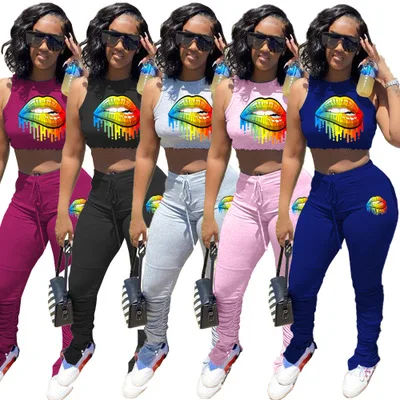

Women Sport Lips Print 2 Piece Set Tracksuit Mini T-shirt Tops Stacked Bell Bottom Jogger Suit Sweatpants Matching Set Outfits