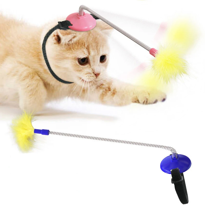 

Wholesale High Quality Avoiding Boredom Interactive Spring Cat Teaser Toy with Feather Accessories, Sky blue,dark blue,pink,yellow