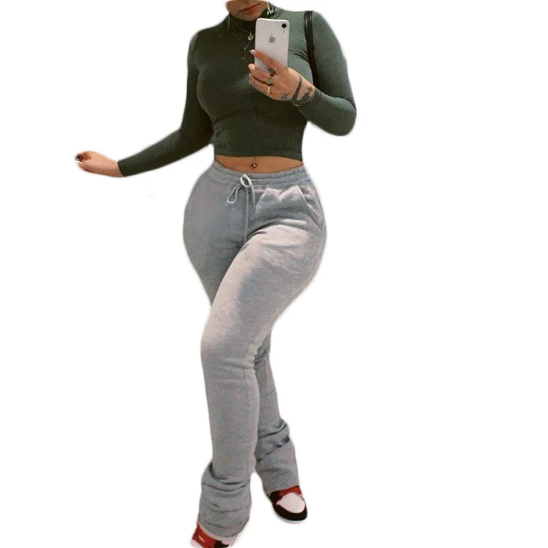 

Mid Waist Pocket Drawstring Pleated Flared Pants Thick Stacked Leggings Sweatpants