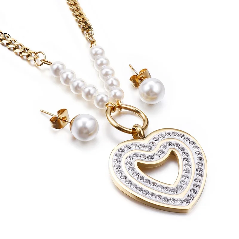 

2019MsLady temperament heart to heart zircon pearl stainless steel earring necklace set, Silver/gold