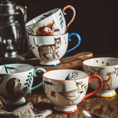 

Retro hand painted forest animal afternoon tea household ceramic flower tea cup, As the picture show